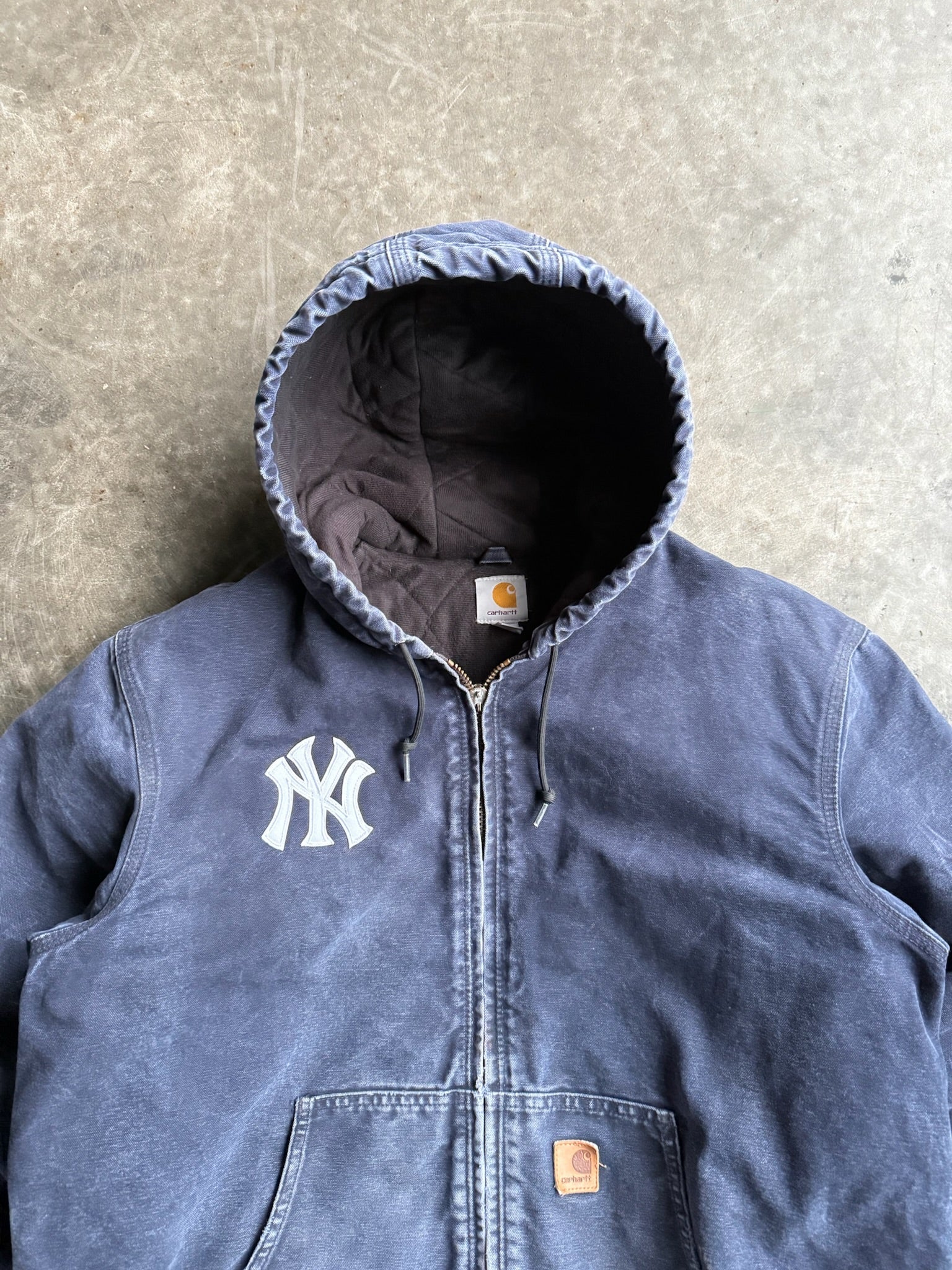 Vintage Faded Navy Hooded Yankees Carhartt Jacket